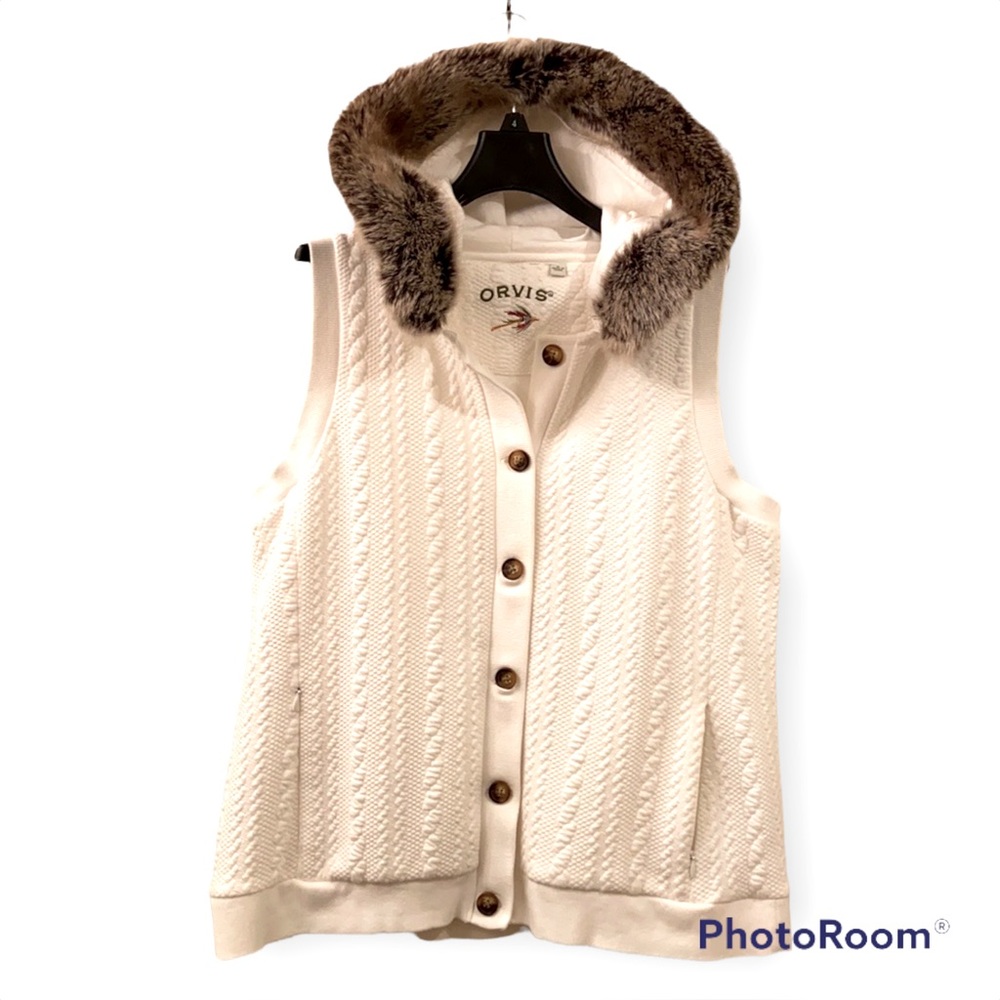 #33 Orvis Vest Fur Trimmed Collar raised pattern White WM SZ M Button Up NICE